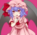  1girl ascot bat_wings blue_hair blush bow hat hat_bow mob_cap open_mouth pointing red_background red_eyes remilia_scarlet rimu_(kingyo_origin) sash solo touhou wings 