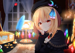  1girl absurdres alternate_costume ascot beret black_capelet black_dress black_hat blonde_hair blue_bow bow brooch candle capelet closed_mouth commentary_request crescent_print crystal crystal_wings curtains desk_lamp dress flandre_day flandre_scarlet frilled_capelet frills full_moon gradient_bow hair_bow hand_on_own_cheek hand_on_own_face hat highres indoors jewelry lamp long_hair looking_at_viewer map moon multicolored_wings one_side_up pink_bow print_hat quill red_moon rense_1010_(number_nanashi) smile solo touhou treasure_chest white_ascot wings 