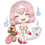  1girl blood blood_on_face blood_on_hands bloody_clothes chibi chouchin_obake floating ghost halloween hitodama ittan_momen long_sleeves lowres pale_color pale_skin pink_hair rinui saigyouji_yuyuko short_hair smile solo tongue tongue_out touhou transparent_background white_kimono wide_sleeves 