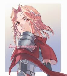  1girl armor black_gloves breasts capelet closed_mouth gloves heaven_burns_red highres large_breasts maria_de_angelis parted_bangs red_capelet red_eyes red_hair salty_ice510 serious shoulder_armor solo 