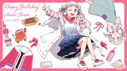  1girl ;d absurdres arashi_chisato arched_bangs argyle_clothes argyle_sleeves black_skirt blue_dress blush border character_name coat dated double_bun dress food full_body gradient_clothes gradient_dress green_dress grey_hair grid_background hair_bun happy_birthday highres jacket long_hair long_sleeves looking_at_viewer love_live! love_live!_superstar!! multiple_views noname_(eciranap_abihs) octopus one_eye_closed open_clothes open_coat open_mouth oriental_pearl_tower pink_border pink_jacket puffy_long_sleeves puffy_sleeves red_eyes shoes short_sleeves skirt sleeveless sleeveless_dress smile takoyaki twintails unworn_jacket white_background white_coat white_dress white_hair white_shoes white_sleeves 