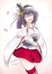  1girl bare_shoulders black_hair bouquet breasts closed_eyes commentary_request detached_sleeves floral_print flower hair_ornament happy headband japanese_clothes kantai_collection naka_(nakamaru_ak) nontraditional_miko open_mouth petals remodel_(kantai_collection) short_hair skirt smile solo yamashiro_(kantai_collection) 