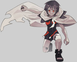  1girl black_boots black_hair black_shorts blue_shirt boots breasts cloak closed_mouth commentary eyelashes full_body grey_background highres holding holding_poke_ball knees looking_at_viewer on_one_knee open-toe_boots orlek outstretched_arm poke_ball pokemon pokemon_oras red_eyes shirt short_hair shorts simple_background sleeveless sleeveless_shirt smile solo zinnia_(pokemon) 