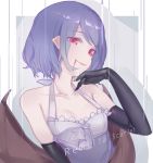  1girl alternate_costume bat_wings blood blood_from_mouth character_name dress elbow_gloves fang fang_out gloves lips neizang no_hat pointy_ears portrait purple_hair red_eyes remilia_scarlet short_hair sleeveless sleeveless_dress smile solo touhou wings 