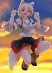  1girl animal_ears breasts detached_sleeves fang full_body hat inubashiri_momiji jumping kunsei_hamu looking_at_viewer midriff navel open_mouth pom_pom_(clothes) red_eyes short_hair silver_hair skirt solo tail tokin_hat touhou wolf_ears wolf_tail 