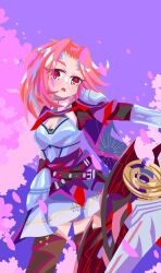  1girl armor black_gloves black_thighhighs breasts capelet dress evanhehehe gloves heaven_burns_red highres large_breasts maria_de_angelis parted_bangs purple_background red_capelet red_eyes red_hair shoulder_armor solo thigh-highs weapon 