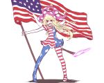  1girl american_flag american_flag_legwear american_flag_shirt blonde_hair clownpiece fairy_wings flag hat jester_cap long_hair looking_at_viewer miata_(pixiv) open_mouth pantyhose pink_eyes smile solo torch touhou very_long_hair wings 