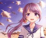  1girl :d akebono_(kantai_collection) bell commentary_request flower hair_bell hair_flower hair_ornament highres kantai_collection long_hair neit_ni_sei open_mouth ponytail purple_hair school_uniform serafuku short_sleeves side_ponytail smile solo tears violet_eyes 