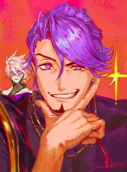  2boys duryodhana_(fate) egawa_akira facial_hair fate/grand_order fate_(series) fingernails goatee grin jewelry karna_(fate) male_focus multiple_boys necklace purple_hair red_background smile sparkle sunglasses violet_eyes white_hair 