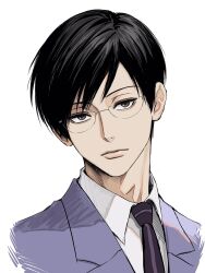  1boy black_hair black_necktie blue_jacket brown_eyes closed_mouth collared_shirt glasses highres jacket lapels looking_at_viewer male_focus necktie notched_lapels ootori_kyouya ouran_high_school_host_club ouran_high_school_uniform parted_bangs portrait rimless_eyewear school_uniform shirt short_hair simple_background solo sso_s suit_jacket white_background white_shirt wing_collar 