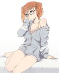  1girl adjusting_glasses arm_support barefoot breasts camisole cleavage collarbone glasses green_eyes hooded_jacket hoodie leg_up mattaku_mousuke off_shoulder orange_hair original parted_lips short_shorts shorts sitting sleeves_past_wrists solo twintails 