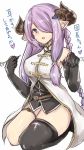  1girl black_gloves black_legwear braid breasts elbow_gloves gloves granblue_fantasy hair_ornament hair_over_one_eye heart kitunemimi large_breasts long_hair narumeia_(granblue_fantasy) pointy_ears purple_hair simple_background single_braid single_thighhigh sitting solo thigh-highs violet_eyes wariza white_background 