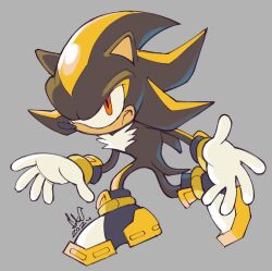 1boy animal_ears animal_nose black_fur body_fur bracelet caliginousarts chest_fur frown full_body furry furry_male gloves gold_bracelet grey_background hedgehog_boy jewelry male_focus multicolored_fur red_eyes shadow_android shadow_android shadow_the_hedgehog shadow_the_hedgehog_(game) short_tail simple_background solo sonic_(series) tail two-tone_fur white_gloves yellow_fur