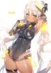  1girl alternate_color angela_balzac arm_up armpits bangs bare_shoulders blush breasts covered_navel dark_skin elbow_gloves gloves headgear large_breasts leotard long_hair looking_at_viewer low_twintails rakuen_tsuihou silver_hair solo sorolp thigh_strap twintails very_long_hair yellow_eyes 