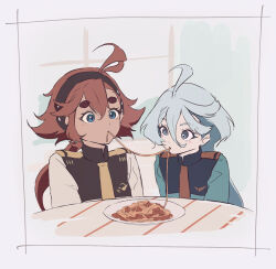  2girls ahoge asticassia_school_uniform black_hairband blue_eyes commentary food green_jacket grey_eyes gundam gundam_suisei_no_majo hairband hashtag-only_commentary highres jacket lady_and_the_tramp long_hair meatball miorine_rembran multiple_girls ntto_486 pasta plate red_hair school_uniform sitting spaghetti spaghetti_and_meatballs suletta_mercury table thick_eyebrows white_hair white_jacket yuri 
