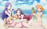  4girls :d ;o aono_miki beach bikini black_hair blonde_hair blue_eyes blueberry brown_eyes casual_one-piece_swimsuit food fresh_precure! frilled_bikini frilled_swimsuit frills fruit higashi_setsuna highres kinfuji long_hair momozono_love multiple_girls object_namesake one-piece_swimsuit one_eye_closed open_mouth orange_hair passion_fruit peach pineapple precure purple_hair red_eyes short_hair smile swimsuit twintails vertical-striped_bikini vertical_stripes yamabuki_inori 