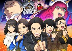  3girls 6+boys absurdres bakugami_ryugi black_eyes black_hair black_jacket blue_eyes blue_jacket boquet_(super_sentai) brown_jacket byakuya_rikuo fire_candle_(super_sentai) green_eyes group_picture hair_slicked_back highres ichikawa_sumino jacket long_hair medium_hair mikkii_(tales329) mr._shining_knife_&amp;_mrs._sweet_cake multiple_boys multiple_girls no.1_sentai_gozyuger one_eye_closed open_mouth pink_eyes pink_hair red_eyes sentai_ring short_hair super_sentai sweater takehara_kinjiro tokusatsu tono_hoeru white_sweater yellow_eyes 