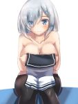  1girl black_legwear blue_eyes blush breasts cleavage collarbone covering covering_breasts hamakaze_(kantai_collection) kantai_collection large_breasts pantyhose short_hair silver_hair simple_background sitting solo tokoi white_background 