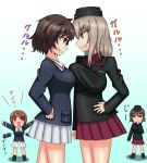  4girls akiyama_yukari blush breast_press breasts brown_eyes brown_hair girls_und_panzer glaring grey_eyes grey_hair hands_on_hips itsumi_erika kir-imperial multiple_girls nishizumi_maho nishizumi_miho skirt symmetrical_docking translation_request uniform waving_arms 