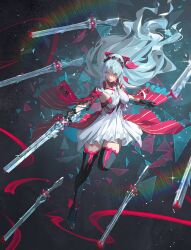  1girl ahoge black_boots black_gloves blue_eyes blue_hair boots bow carlotta_(wuthering_waves) commentary curtained_hair dress drid floating_hair gloves gun highres holding holding_gun holding_weapon leg_up long_hair red_thighhighs solo thigh-highs thigh_boots thighhighs_under_boots very_long_hair weapon weapon_formation white_bow white_dress wuthering_waves zettai_ryouiki 