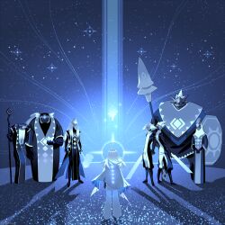  6+others blue_background blue_hair blue_theme character_request cloak eda holding holding_polearm holding_shield holding_weapon long_hair multiple_others polearm shield sky:_children_of_the_light sky_child standing weapon 