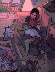  1boy 1girl bag beast_boy_(dc) beer_can black_eyes bob_cut book can closed_eyes colored_skin commentary controller couch dc_comics drink_can english_commentary facial_mark gabriel_picolo game_controller green_skin highres holding holding_book on_couch pointy_ears raven_(dc) shirt shorts shoulder_bag smile sunset t-shirt teen_titans white_shirt 
