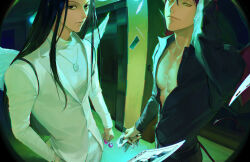  2boys absurdres ace_(playing_card) ace_of_spades angel_wings black_eyes black_hair black_shirt candy card commentary demon_tail demon_wings dongzak_o0 elevator_door fisheye floating_card food gon_freecss highres hisoka_morow holding holding_candy holding_card holding_food holding_lollipop hunter_x_hunter indoors jacket jewelry joker_(playing_card) lollipop looking_at_viewer male_focus multiple_boys necklace partially_unbuttoned playing_card pov_peephole red_hair shirt spade_(shape) suit_jacket tail three_of_diamonds two_of_hearts white_jacket white_shirt wings yellow_eyes 