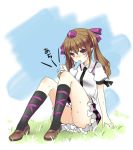 1girl bow brown_hair cellphone hair_bow hat himekaidou_hatate mouth_hold phone popsicle rimu_(kingyo_origin) sitting smartphone solo sweat tokin_hat touhou twintails violet_eyes 