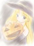 1girl bare_shoulders blonde_hair commentary_request deneb_rove dress elbow_gloves eyelashes gloves graphite_(medium) hat holding_pumpkin jack-o&#039;-lantern kazuo long_hair looking_at_viewer pumpkin purple_gloves purple_hat strapless_dress tactics_ogre traditional_media violet_eyes witch witch_hat 
