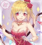 1girl alternate_costume asymmetric_gloves asymmetrical_wings bare_shoulders blonde_hair breasts bridal_gauntlets chain character_name cleavage crystal dress fangs flandre_scarlet flower hair_between_eyes hair_flower hair_ornament jewelry looking_at_viewer necklace neizang no_hat off_shoulder open_mouth red_dress red_eyes red_rose rose short_hair side_ponytail single_glove sketch smile solo strapless_dress touhou wings 