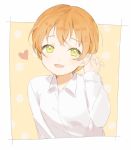  1girl adjusting_hair blush collared_shirt flower green_eyes hair_ornament hairpin heart hoshizora_rin love_live!_school_idol_project marin_(myuy_3) open_mouth orange_hair polka_dot polka_dot_background shirt short_hair smile solo tagme 