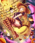  1girl alba_(little_witches) basket bat boots breasts broom broom_riding brown_eyes brown_hair candy candy_cane cookie cross-laced_footwear demon_wings doughnut dress flying food full_body ghost halloween hat highres jack-o&#039;-lantern lollipop low_twintails macaron open_mouth original puffy_short_sleeves puffy_sleeves pumpkin short_sleeves short_twintails striped striped_legwear swirl_lollipop thigh-highs tower twintails wings witch witch_hat wrapped_candy 