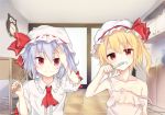  2girls ascot blonde_hair blue_hair chicking clenched_teeth clock collarbone comb flandre_scarlet hat hat_ribbon highres looking_at_viewer mob_cap multiple_girls no_wings off_shoulder puffy_sleeves red_eyes remilia_scarlet ribbon short_hair short_sleeves siblings side_ponytail sisters sleeveless toothbrush touhou upper_body 