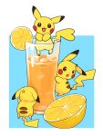  anger_vein blush_stickers brown_eyes cup drink drinking_glass food fruit highres ice_cube lemon looking_at_viewer no_humans open_mouth oversized_object pikachu pokemon pokemon_(creature) zrae 