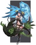  1girl absurdres ankle_boots asymmetrical_wings bare_shoulders black_legwear blue_hair boots breasts detached_collar detached_sleeves dizzy dog_hate_burger full_body guilty_gear hair_ribbon highres lips long_hair navel necro red_eyes ribbon short_shorts shorts solo strapless tail tail_ribbon thigh-highs undine_(guilty_gear) wings 