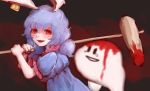  1girl =d animal_ears blood blue_hair blush dress food hammer hoshibuchi low_twintails mochi open_mouth puffy_sleeves rabbit_ears red_eyes seiran_(touhou) short_hair short_sleeves smile solo tears touhou twintails wagashi 