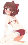  &gt;:t 1girl :t adjusting_clothes adjusting_swimsuit aoi_(annbi) ass back bikini bikini_pull blush bow brown_eyes brown_hair butt_crack full-face_blush hakurei_reimu highres kneeling legs looking_at_viewer pout puffed_cheeks short_hair solo swimsuit touhou wedgie 