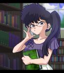 1girl adjusting_glasses black_eyes black_hair book bookshelf english glasses hair_over_shoulder highres holding holding_book kunou_kodachi letterboxed long_hair looking_at_viewer poison ranma_1/2 solo wantan-orz window 