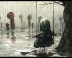  1girl blue_hair commentary koto_inari lonely rain short_hair sitting tatara_kogasa teruterubouzu touhou tree umbrella wet 