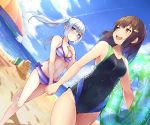  2girls beach bikini blue_eyes brown_eyes brown_hair competition_swimsuit highres long_hair multiple_girls one-piece_swimsuit original silver_hair swimsuit twintails yue_chi 