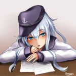  1girl blue_eyes desk flat_cap gradient gradient_background hat hibiki_(kantai_collection) kantai_collection long_hair long_sleeves looking_at_viewer nawate_(dij) open_mouth papers school_uniform serafuku signature silver_hair sitting solo upper_body 