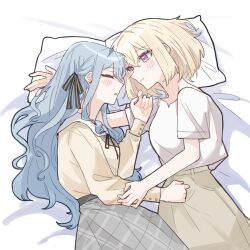  2girls at_09098 bang_dream! bang_dream!_it&#039;s_mygo!!!!! black_ribbon blonde_hair blue_hair brown_skirt closed_mouth commentary_request grey_skirt hair_between_eyes hair_ribbon highres korean_commentary long_hair looking_at_another misumi_uika multiple_girls neck_ribbon pillow ribbon shirt short_hair sidelocks skirt togawa_sakiko violet_eyes white_shirt yuri 