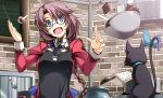  1girl apron blue_eyes braid cat glasses kitchen looking_at_viewer magic open_mouth purple_hair shikei smile solo 