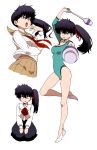  1girl black_hair kunou_kodachi leotard lipstick long_hair looking_at_viewer makeup ojou-sama_pose ranma_1/2 school_uniform seiza side_ponytail sitting smile yanagida_fumita 