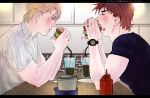  2boys abuko85 blonde_hair blue_eyes brown_hair caesar_anthonio_zeppeli collared_shirt cup drinking_glass drinking_straw eating facial_mark food food_on_face hamburger jojo_no_kimyou_na_bouken joseph_joestar_(young) ketchup letterboxed milkshake multiple_boys open_mouth shirt striped striped_shirt t-shirt translation_request watch watch 
