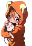  1girl absurdres bear_hood blue_eyes blush dog highres hood hoodie hug kousaka_honoka love_live!_school_idol_festival love_live!_school_idol_project open_mouth orange_hair solo yuuki_(nijiiro_palette) 