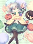  1girl aogiri_sei black_legwear blush bow candy eyeball green_eyes grey_hair halloween hat hat_bow hat_removed hat_ribbon headwear_removed heart heart_of_string jack-o&#039;-lantern komeiji_koishi long_sleeves looking_at_viewer lying mouth_hold navel on_back pantyhose pillow_hat pumpkin ribbon short_hair skirt solo third_eye touhou wide_sleeves 