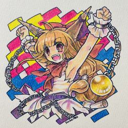  1girl :d absurdres armpits arms_up artist_name bow bowtie chain commentary_request cuffs fangs hair_bow highres horns ibuki_suika long_hair low-tied_long_hair open_mouth orange_hair red_bow red_bowtie red_eyes shirt sleeveless sleeveless_shirt smile socha solo torn_clothes torn_sleeves touhou traditional_media upper_body very_long_hair white_shirt 