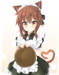  1girl animal_ears apron brown_eyes brown_hair commentary_request folded_ponytail heart heart_tail highres inazuma_(kantai_collection) kantai_collection long_hair maid maid_headdress rateratte smile tail tray 