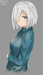  1girl blue_eyes breasts closed_mouth from_side grey_hair hair_ornament hair_over_one_eye hairclip hamakaze_(kantai_collection) isshiki_(ffmania7) kantai_collection looking_at_viewer ribbed_sweater short_hair silver_hair simple_background sketch solo sweater twitter_username upper_body 